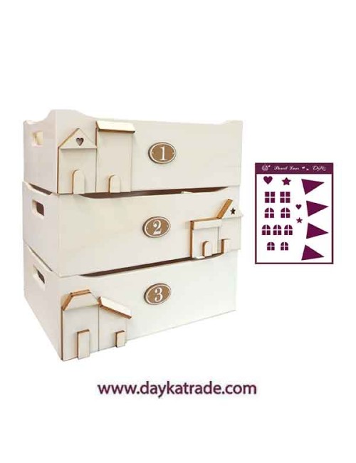 Set de 3 cajas almacenaje con siluetas de casitas