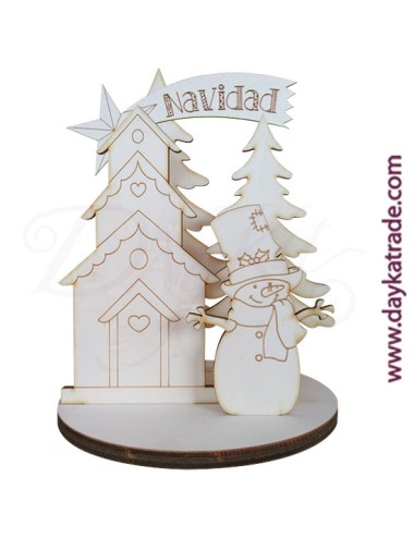 Set Muñeco De Nieve, Casa Y Abetos Con Peana Redonda