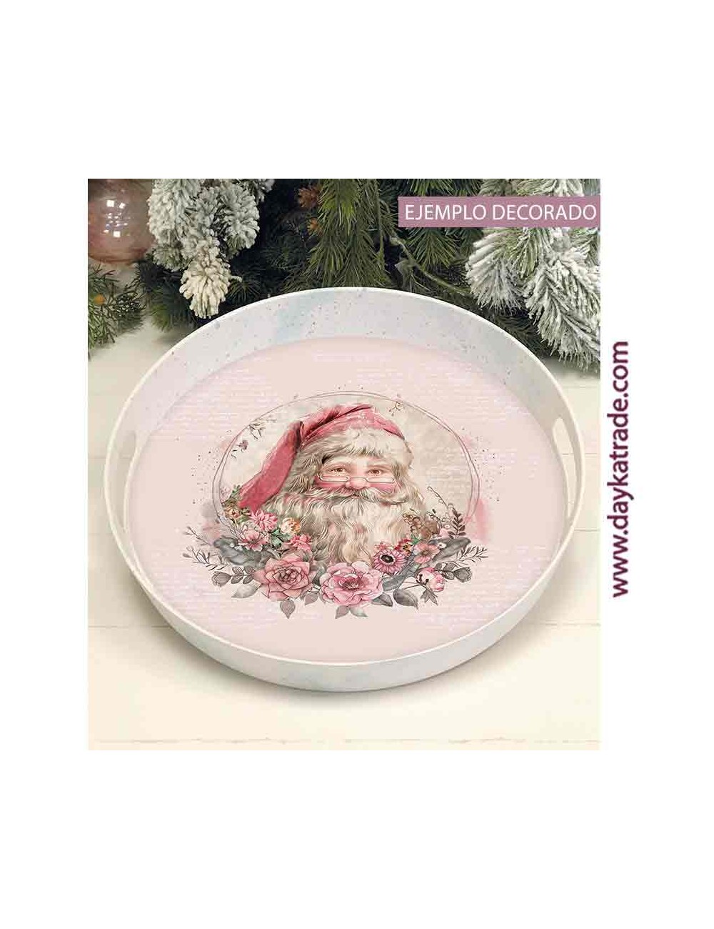 Bandeja redonda bambú con tela prediseñada de papá noel