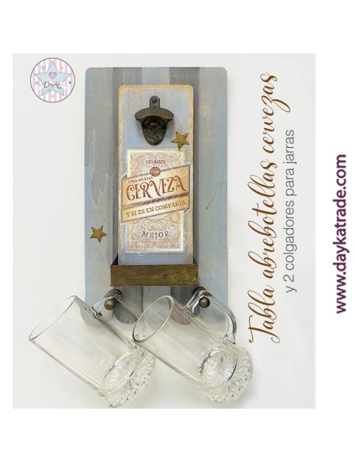 Tabla abrebotellas cervezas con colgador para 2 jarra s