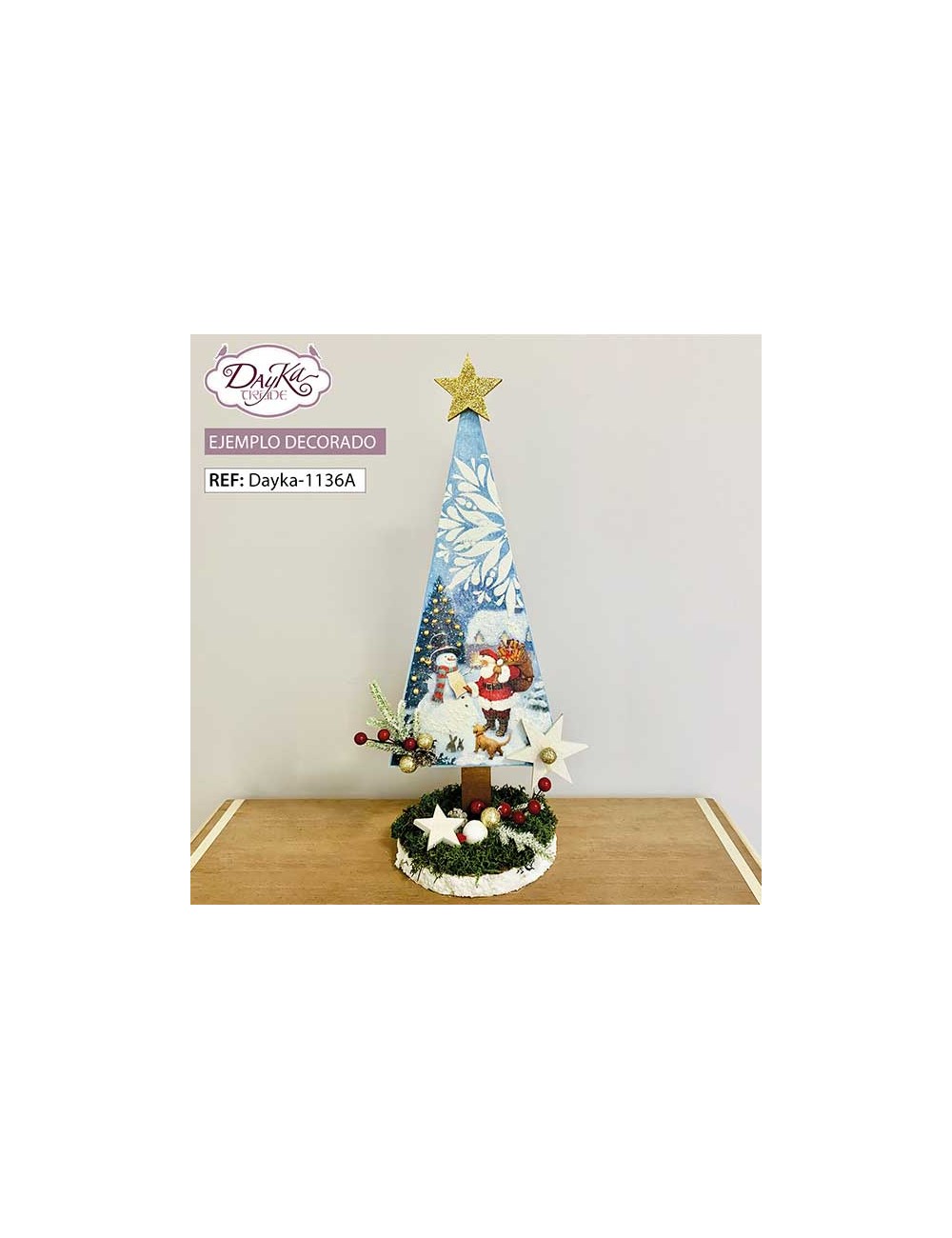 Árbol con peana triple y estrellas + prediseñado papá noel