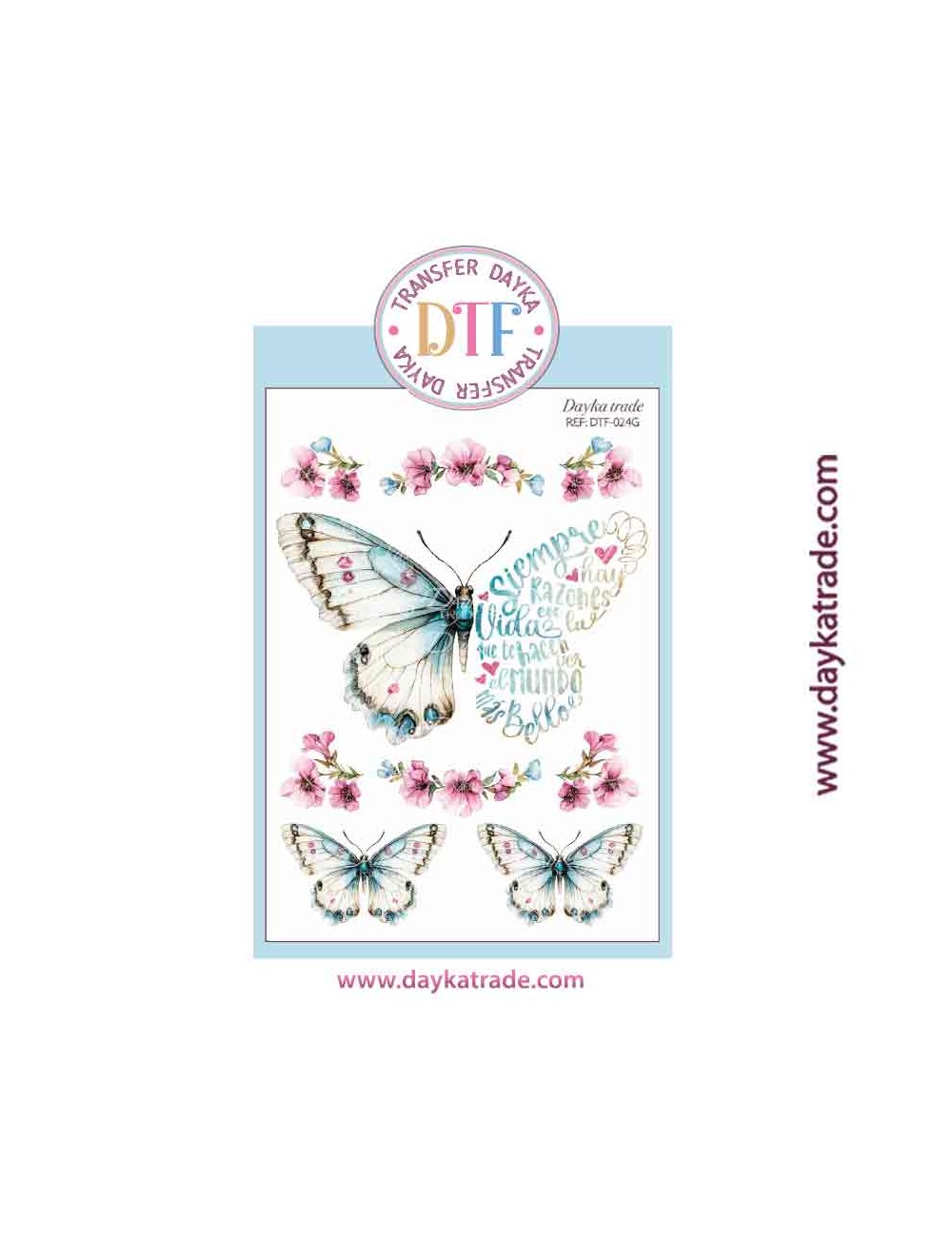 Transferencia textil con dibujo de mariposa con frase