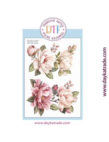 Transferencia textil con dibujo de flores rosas y blancas