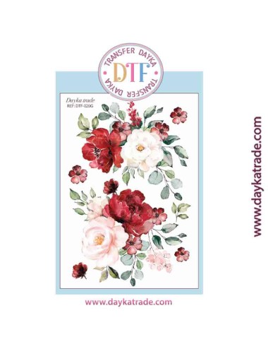 Transferencia textil con dibujo de flores rojas y blancas