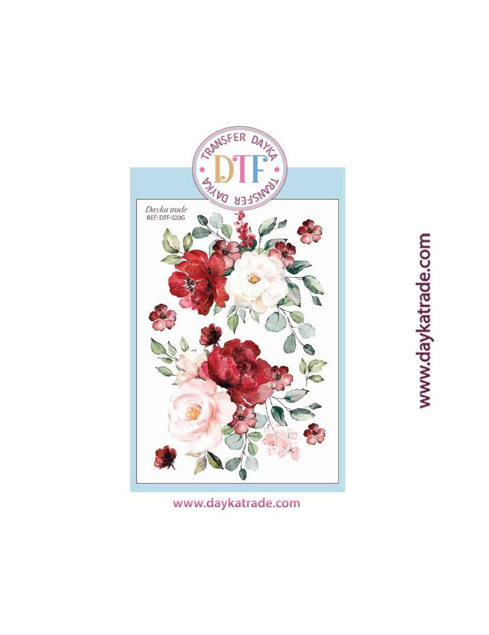 Transferencia textil con dibujo de flores rojas y blancas