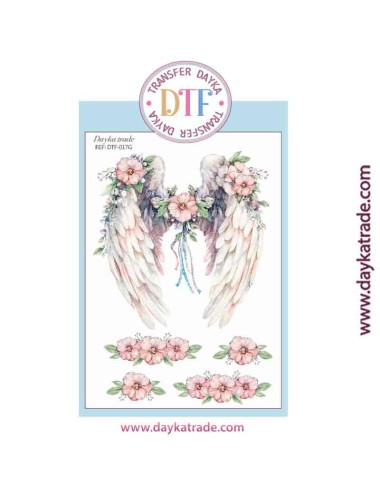 Transferencia textil con dibujo de alas con flores rosas