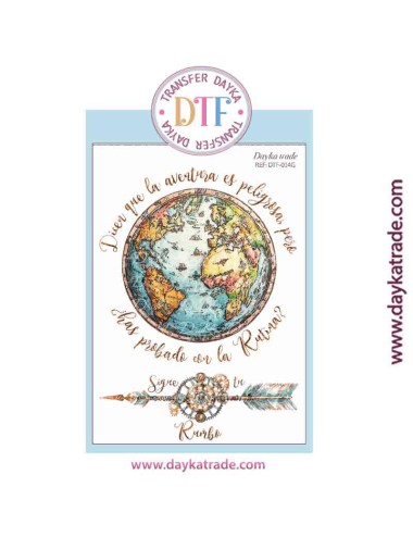 Transferencia textil con dibujo del mundo y flecha