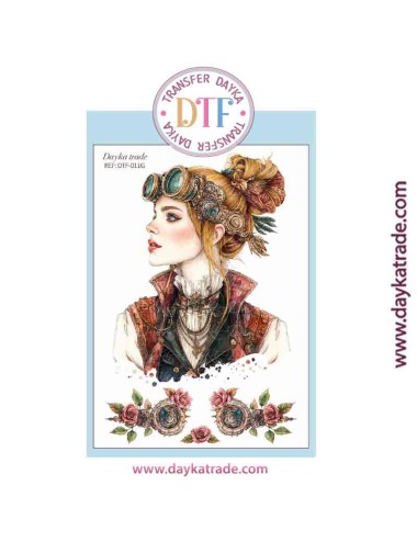 Transferencia textil con dibujo de chica con moño estilo steampunk