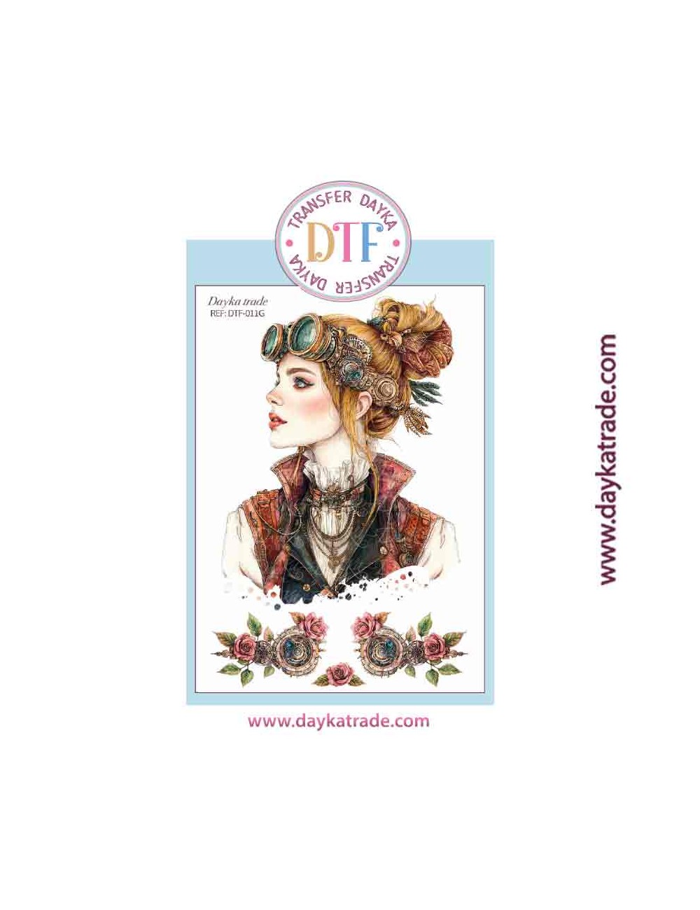 Transferencia textil con dibujo de chica con moño estilo steampunk