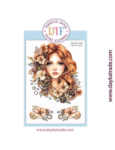 Transferencia textil con dibujo de chica pelirroja con flores y engranajes