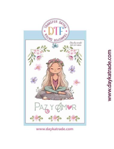 Transferencia textil con dibujo de chica rubia paz y amor
