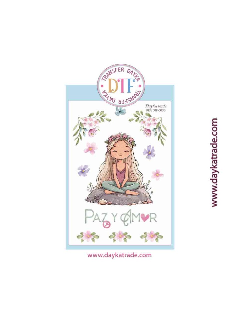 Transferencia textil con dibujo de chica rubia paz y amor