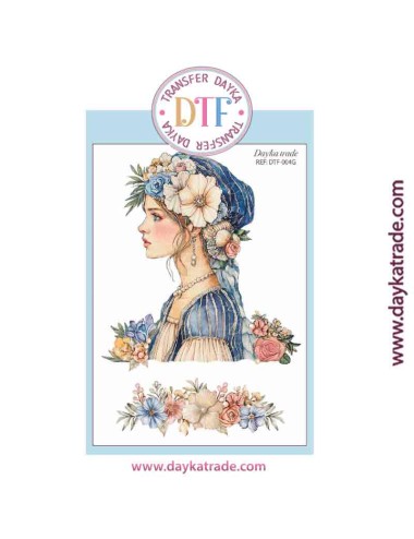 Transferencia textil con dibujo de chica con flores