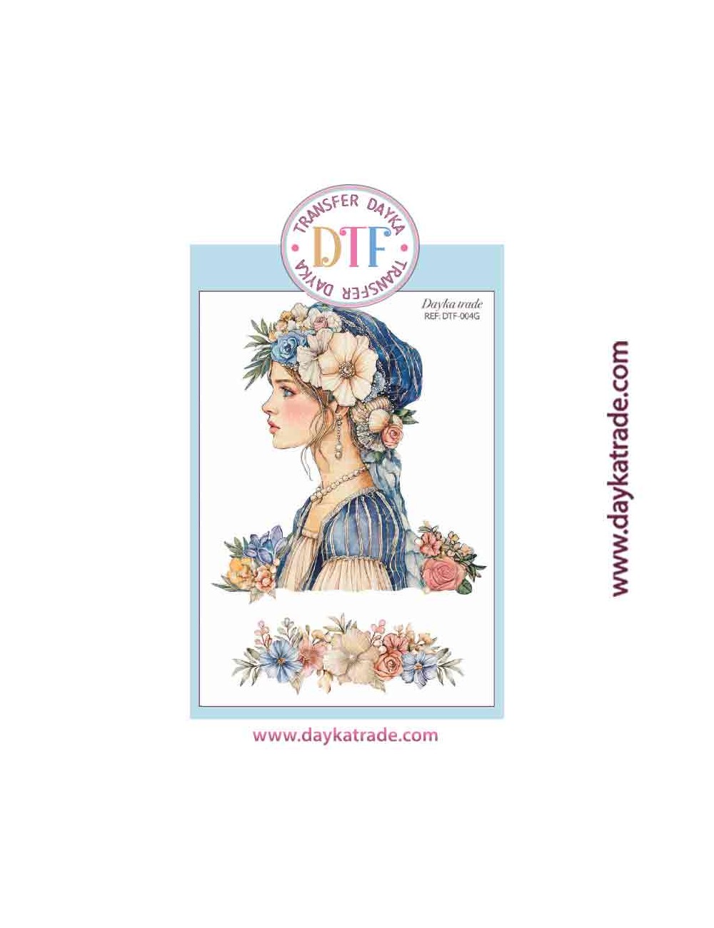 Transferencia textil con dibujo de chica con flores