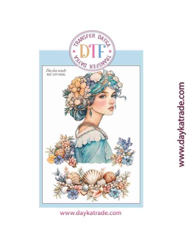 Transferencia textil con dibujo de chica con flores y conchas