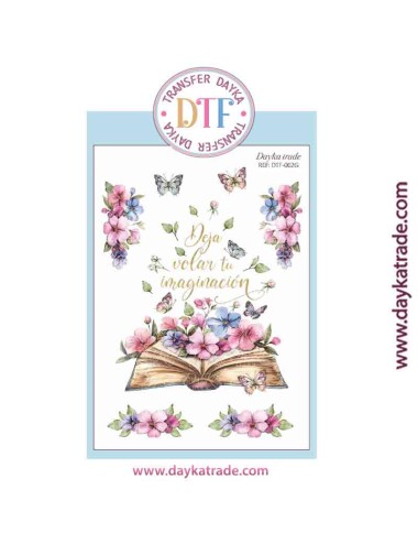Transferencia textil con dibujo de libros y mariposas