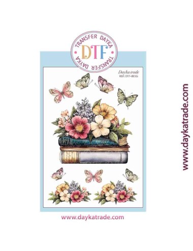 Transferencia textil con dibujo de libros y mariposas