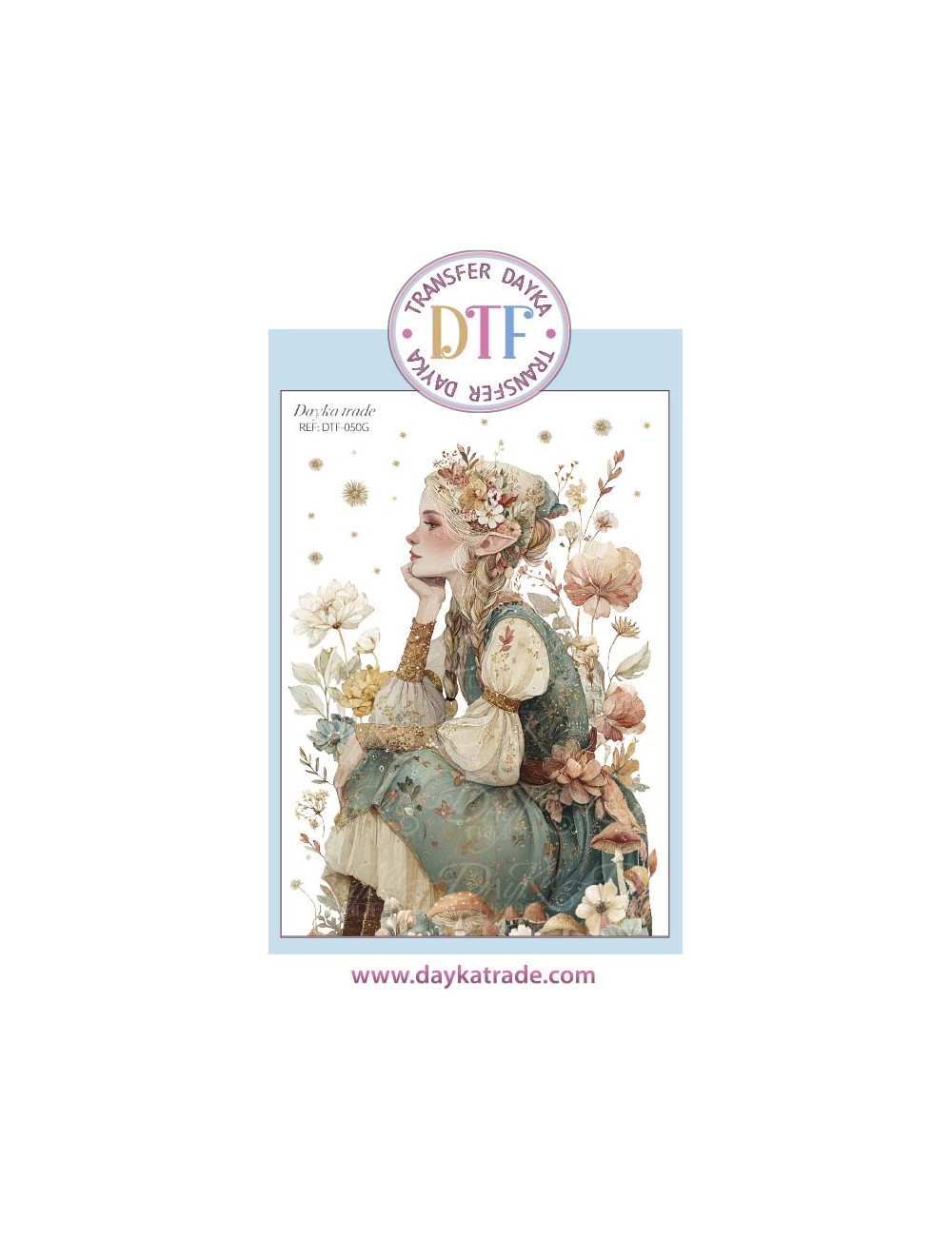 Transferencia textil elfa con flores y setas